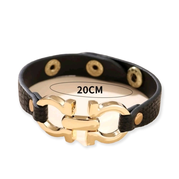 Leather Gancini Style Bracelet with Double Links - Picture 2 of 2